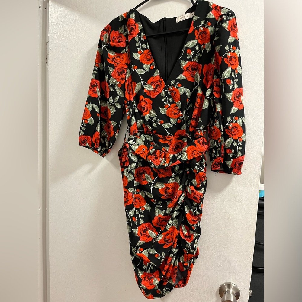 Floral V-Neck Dress with Red Roses